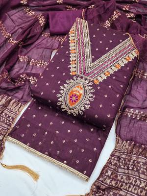 Wine chanderi embroidered unstitched dressmaterials 3 pair top bottom dupptaa 1
