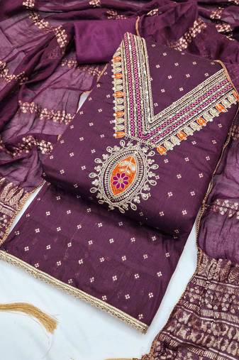 Wine chanderi embroidered unstitched dressmaterials 3 pair top bottom dupptaa