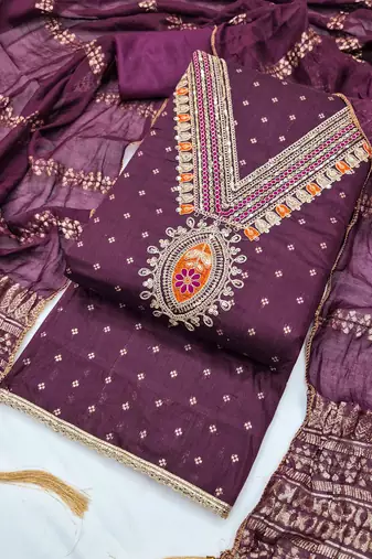 Wine chanderi embroidered unstitched dressmaterials 3 pair top bottom dupptaa