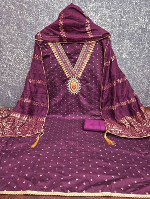 Wine chanderi embroidered unstitched dressmaterials 3 pair top bottom dupptaa 2