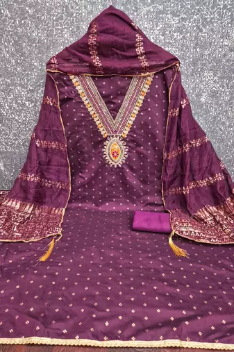 Wine chanderi embroidered unstitched dressmaterials 3 pair top bottom dupptaa