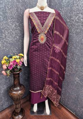 Wine chanderi embroidered unstitched dressmaterials 3 pair top bottom dupptaa 3