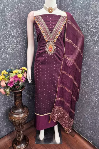 Wine chanderi embroidered unstitched dressmaterials 3 pair top bottom dupptaa