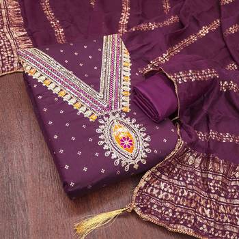 Wine chanderi embroidered unstitched dressmaterials 3 pair top bottom dupptaa 4