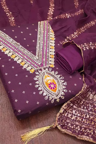 Wine chanderi embroidered unstitched dressmaterials 3 pair top bottom dupptaa