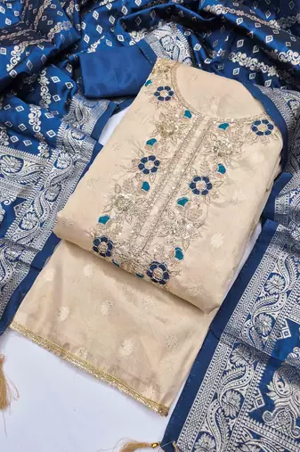 Blue silk  embroidered unstitched dressmaterials 3 pair top bottom dupptaa