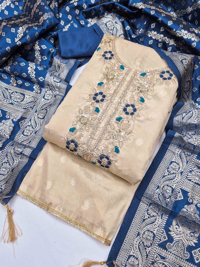 Blue silk  embroidered unstitched dressmaterials 3 pair top bottom dupptaa
