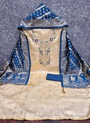 Blue silk  embroidered unstitched dressmaterials 3 pair top bottom dupptaa 2
