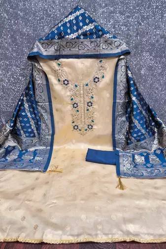 Blue silk  embroidered unstitched dressmaterials 3 pair top bottom dupptaa