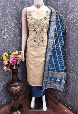 Blue silk  embroidered unstitched dressmaterials 3 pair top bottom dupptaa 3