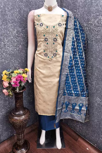 Blue silk  embroidered unstitched dressmaterials 3 pair top bottom dupptaa