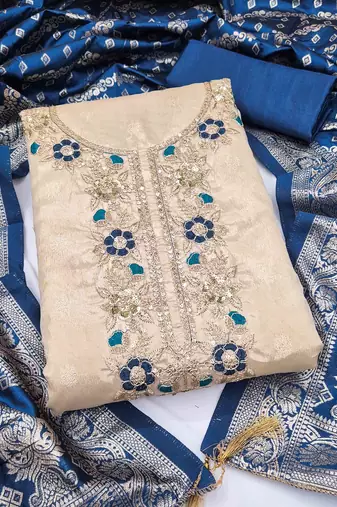 Blue silk  embroidered unstitched dressmaterials 3 pair top bottom dupptaa