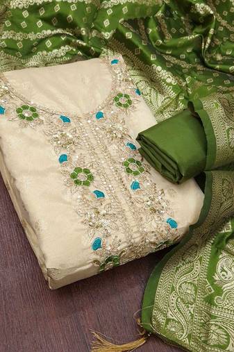 Green silk  embroidered unstitched dressmaterials 3 pair top bottom dupptaa