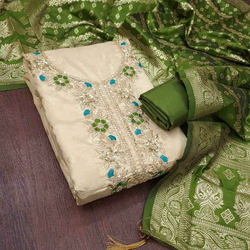 Green silk  embroidered unstitched dressmaterials 3 pair top bottom dupptaa
