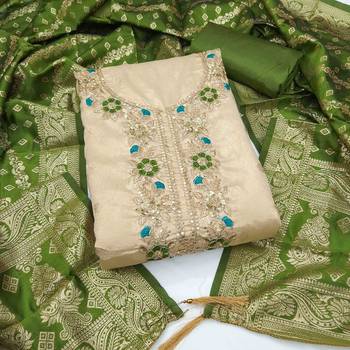 Green silk  embroidered unstitched dressmaterials 3 pair top bottom dupptaa 2