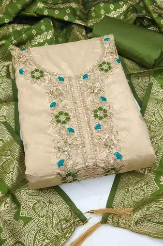 Green silk  embroidered unstitched dressmaterials 3 pair top bottom dupptaa