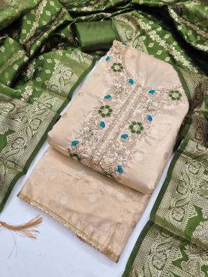Green silk  embroidered unstitched dressmaterials 3 pair top bottom dupptaa 3