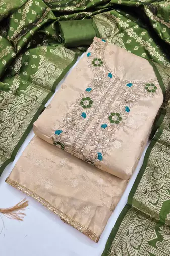 Green silk  embroidered unstitched dressmaterials 3 pair top bottom dupptaa