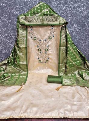 Green silk  embroidered unstitched dressmaterials 3 pair top bottom dupptaa 4