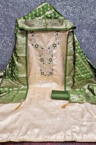 Green silk  embroidered unstitched dressmaterials 3 pair top bottom dupptaa
