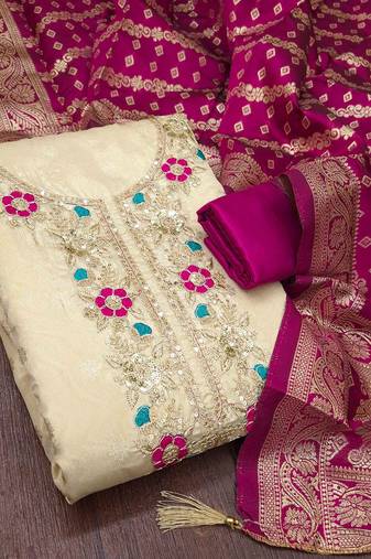 Pink silk  embroidered unstitched dressmaterials 3 pair top bottom dupptaa