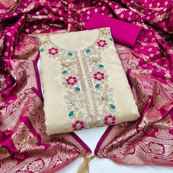 Pink silk  embroidered unstitched dressmaterials 3 pair top bottom dupptaa 2