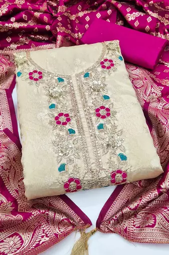 Pink silk  embroidered unstitched dressmaterials 3 pair top bottom dupptaa