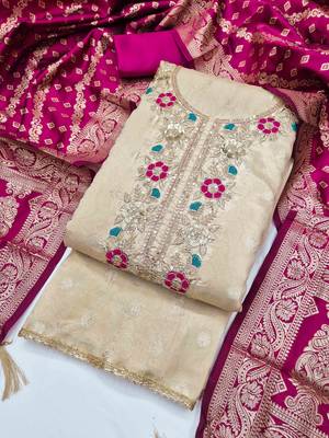 Pink silk  embroidered unstitched dressmaterials 3 pair top bottom dupptaa 3
