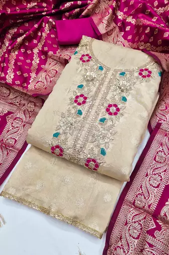 Pink silk  embroidered unstitched dressmaterials 3 pair top bottom dupptaa
