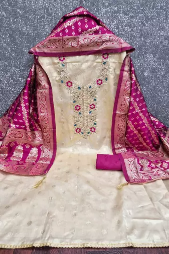 Pink silk  embroidered unstitched dressmaterials 3 pair top bottom dupptaa