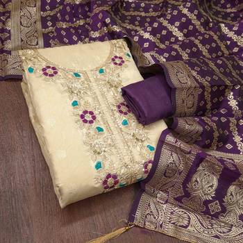 Purple silk  embroidered unstitched dressmaterials 3 pair top bottom dupptaa 1