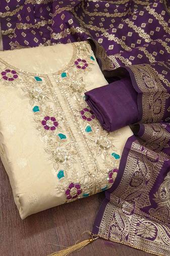 Purple silk  embroidered unstitched dressmaterials 3 pair top bottom dupptaa