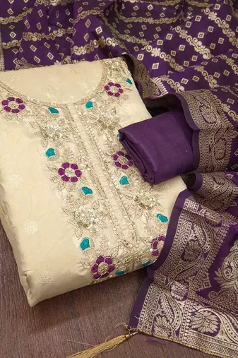 Purple silk  embroidered unstitched dressmaterials 3 pair top bottom dupptaa