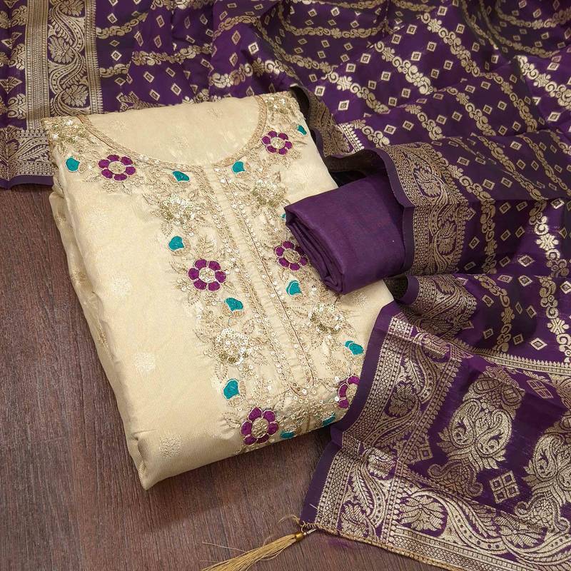Purple silk  embroidered unstitched dressmaterials 3 pair top bottom dupptaa