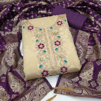 Purple silk  embroidered unstitched dressmaterials 3 pair top bottom dupptaa 2