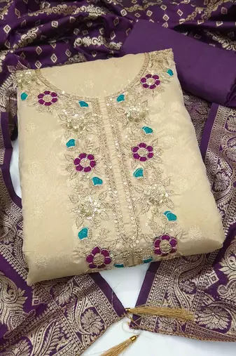 Purple silk  embroidered unstitched dressmaterials 3 pair top bottom dupptaa