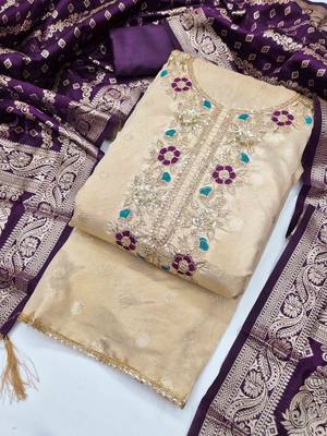 Purple silk  embroidered unstitched dressmaterials 3 pair top bottom dupptaa 3