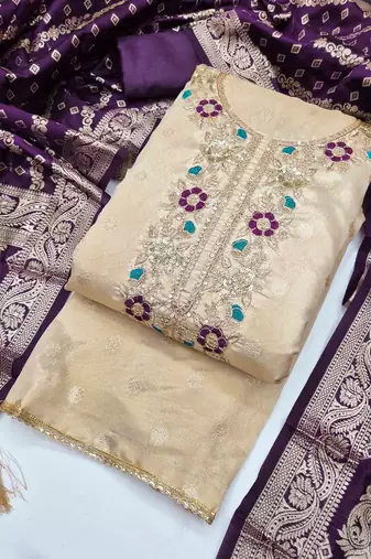 Purple silk  embroidered unstitched dressmaterials 3 pair top bottom dupptaa