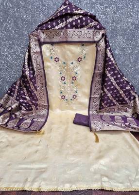 Purple silk  embroidered unstitched dressmaterials 3 pair top bottom dupptaa 4