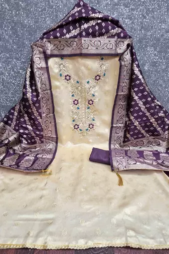 Purple silk  embroidered unstitched dressmaterials 3 pair top bottom dupptaa