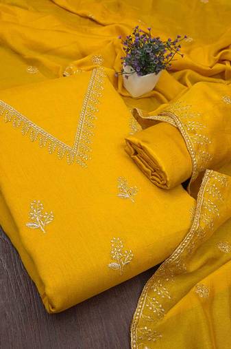 Gold silk embroidered unstitched dressmaterials 3 pair top bottom dupptaa