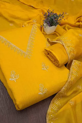 Gold silk embroidered unstitched dressmaterials 3 pair top bottom dupptaa