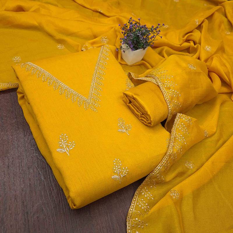 Gold silk embroidered unstitched dressmaterials 3 pair top bottom dupptaa