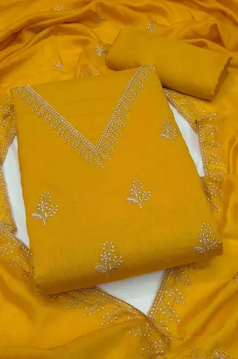Gold silk embroidered unstitched dressmaterials 3 pair top bottom dupptaa