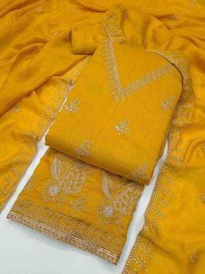 Gold silk embroidered unstitched dressmaterials 3 pair top bottom dupptaa 3