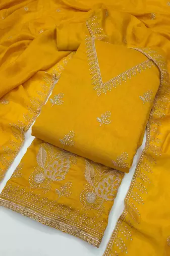 Gold silk embroidered unstitched dressmaterials 3 pair top bottom dupptaa