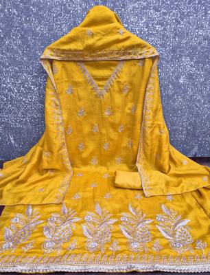 Gold silk embroidered unstitched dressmaterials 3 pair top bottom dupptaa 4