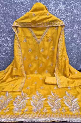 Gold silk embroidered unstitched dressmaterials 3 pair top bottom dupptaa