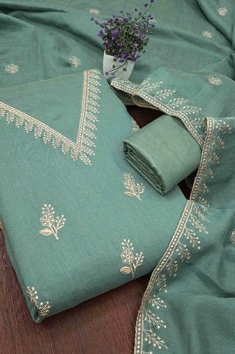 green silk blend embroidered unstitched dressmaterials 3 pair top bottom dupptaa