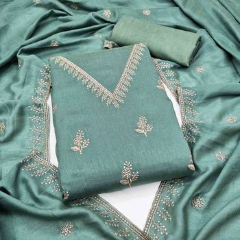 Green silk  embroidered unstitched dressmaterials 3 pair top bottom dupptaa 2